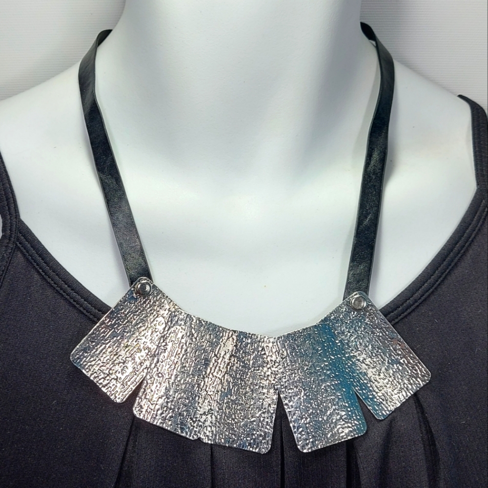 Black Leather Silver Tone Chunky Statement Necklace